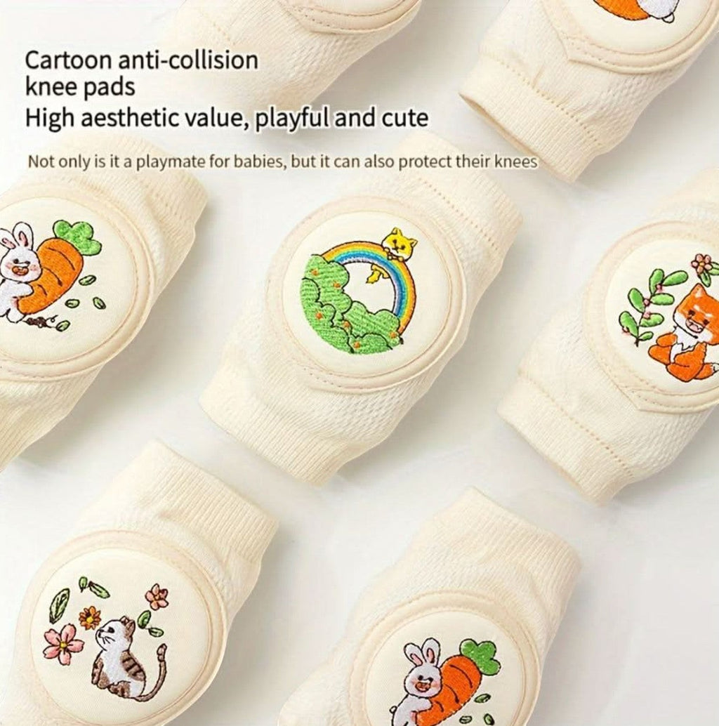 kainchhi baby knee pads with cute animal embroidery in cream cotton blend, featuring rabbits, cats, foxes, and rainbows.