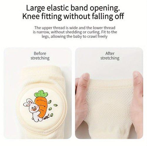 kainchhi baby knee pads with cute bunny and carrot embroidery, beige cotton blend, breathable and stretchable