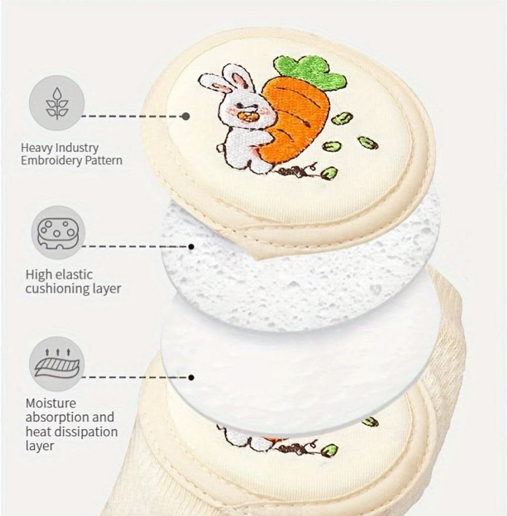 kainchhi baby knee pads with cute bunny and carrot embroidery, made from breathable cotton blend with cushioning and moisture absorption layers.