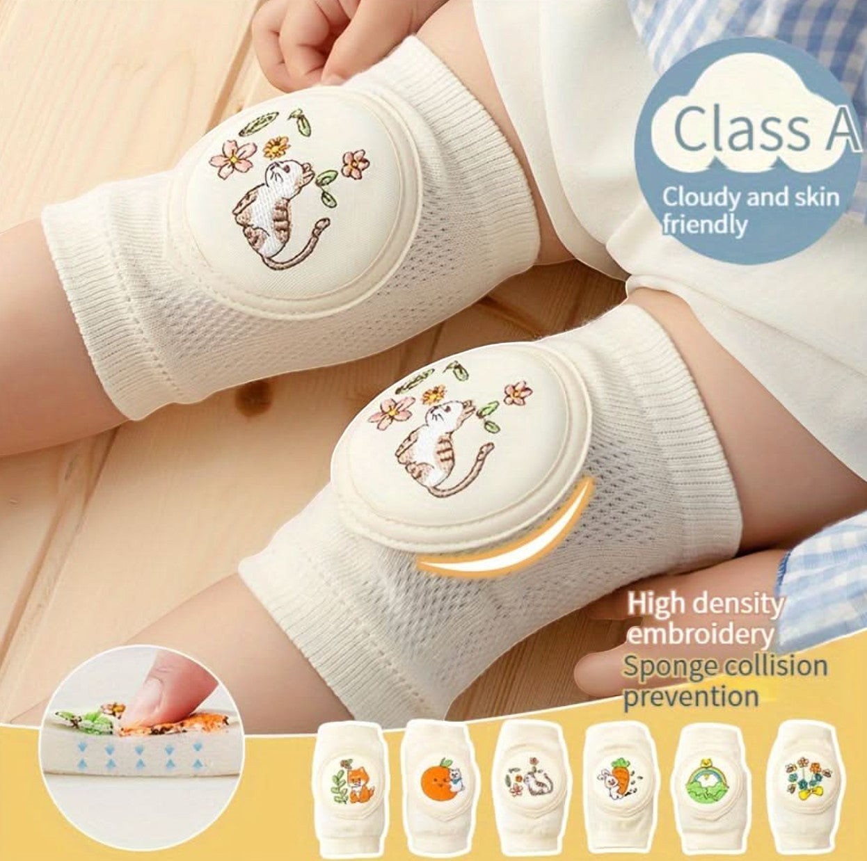 kainchhi baby knee pads with cute cat embroidery, made from breathable cotton blend, protect knees during crawling.