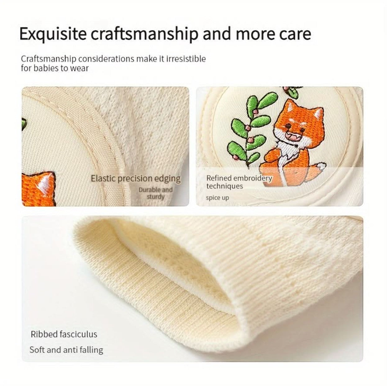 kainchhi baby knee pads with cute fox embroidery, made of soft, breathable cotton blend with ribbed texture for anti-fall protection.