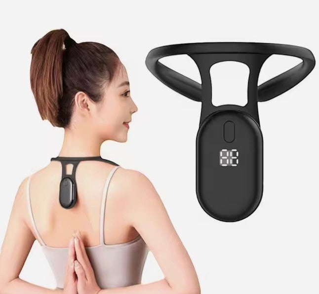 kainchhi black smart posture corrector with digital display, worn by a woman