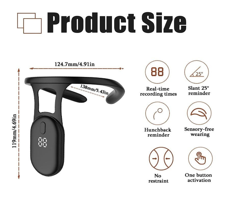 kainchhi Smart Posture Corrector for kids, black, ergonomic design with digital display and posture reminders.