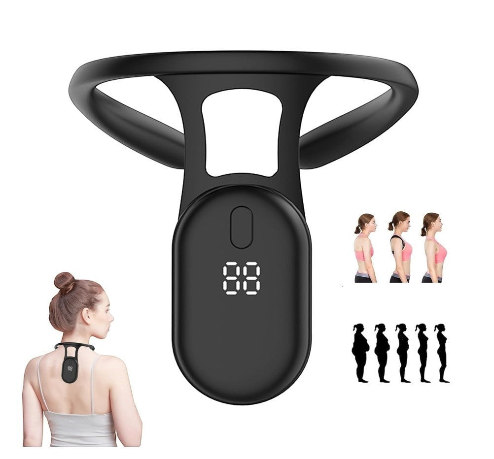 kainchhi smart posture corrector for kids, black ergonomic neck support with digital display, promotes healthy spine development.