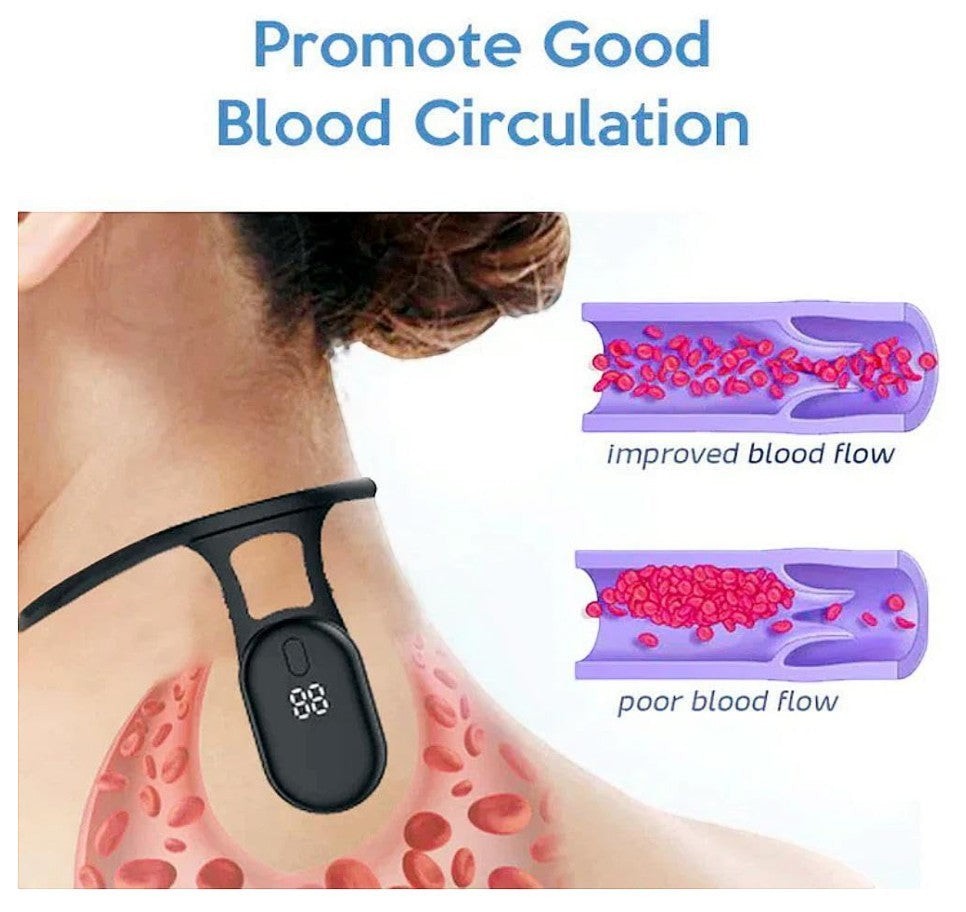 Kainchhi smart posture corrector device worn around the neck, promoting good blood circulation with digital display.